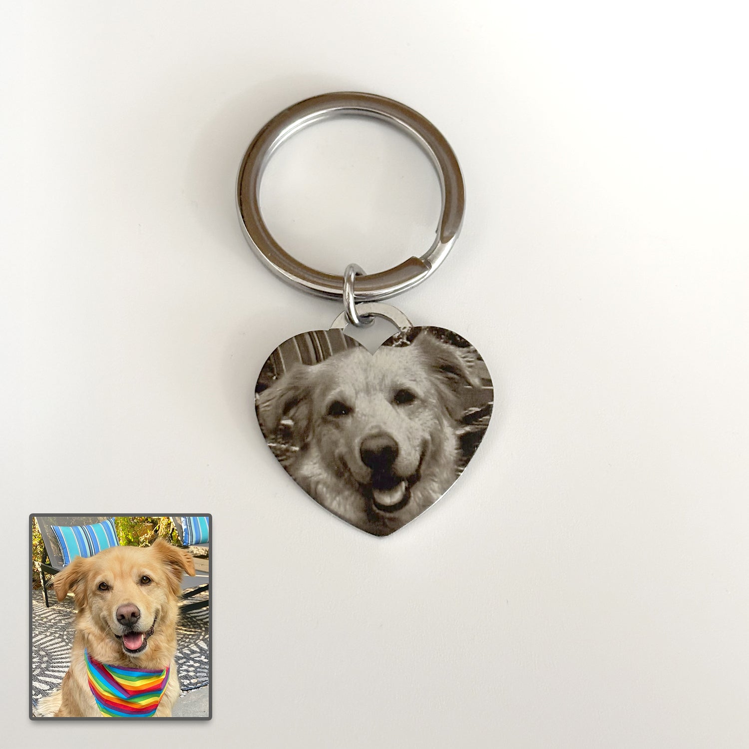 Heart-shaped keychain with a dog's face printed on it, next to a photo of the dog.
