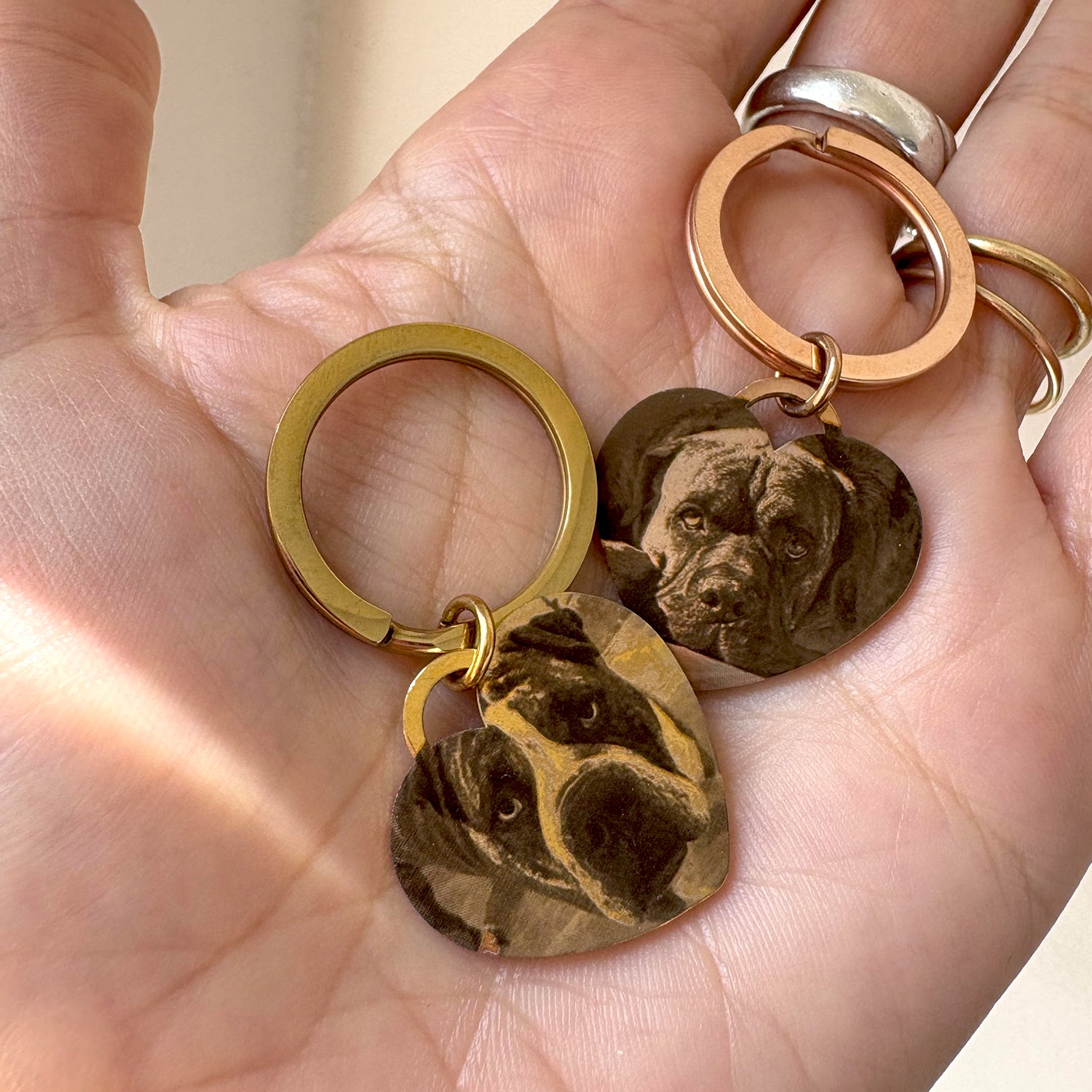 Heart keychains with dog engraving