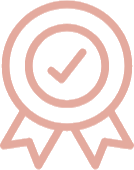 Pink checkmark icon with a ribbon on a white background