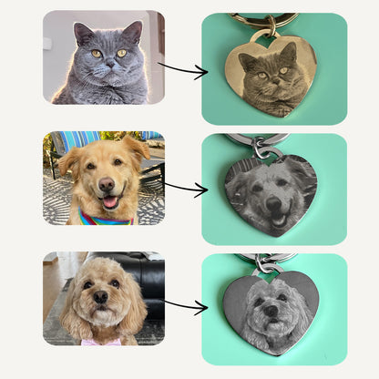 Heart-shaped keychains engraved with photos of a cat, dog, and another dog on a teal background.